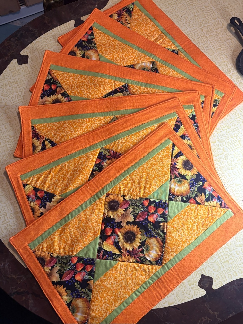 Handmade Orange & Green Harvest Patchwork Placemats - Set of 6